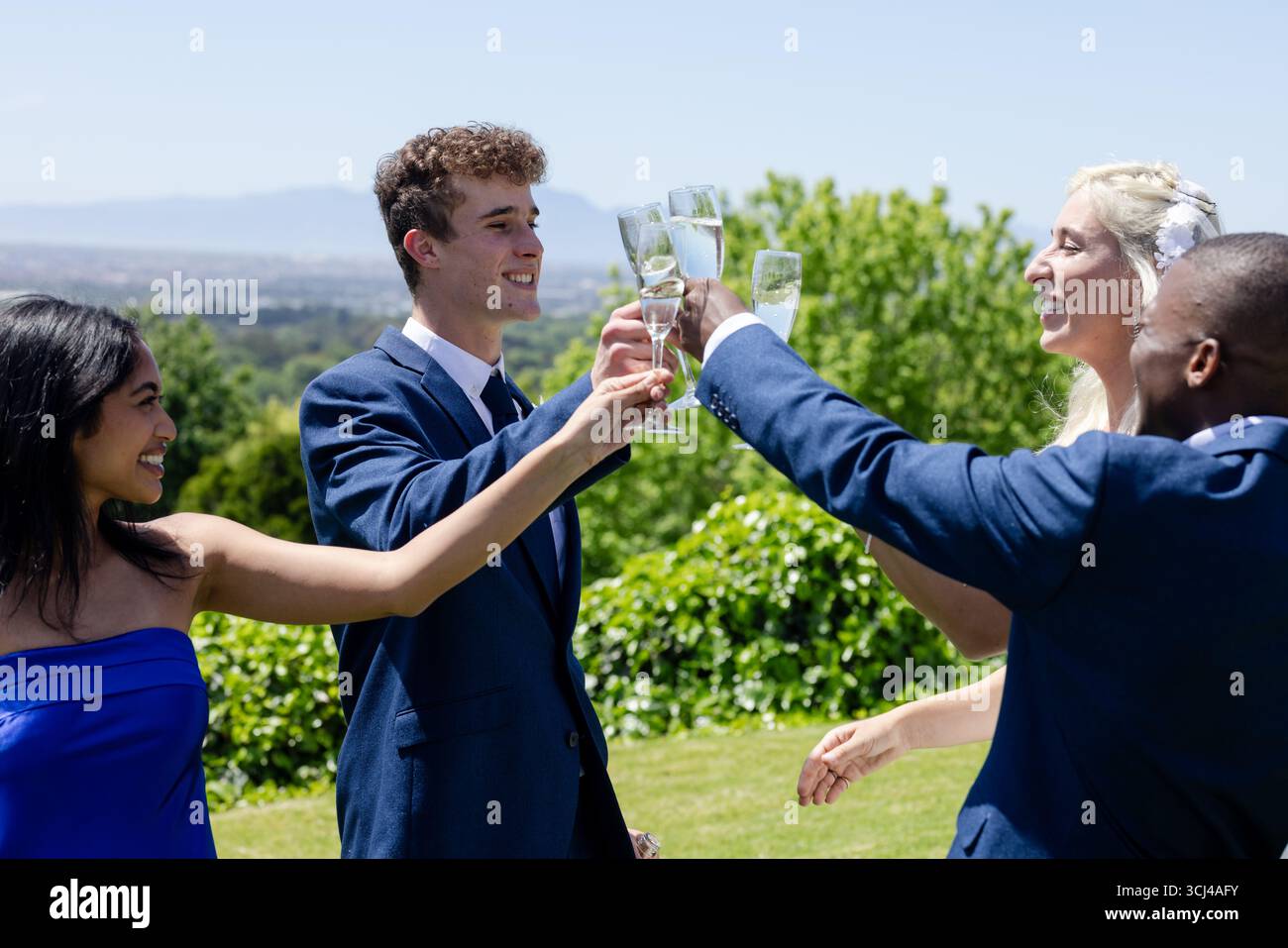 Festeggiando all'aperto, gli amici che alzano i bicchieri in un gioioso brindisi di nozze sotto il cielo limpido Foto Stock
