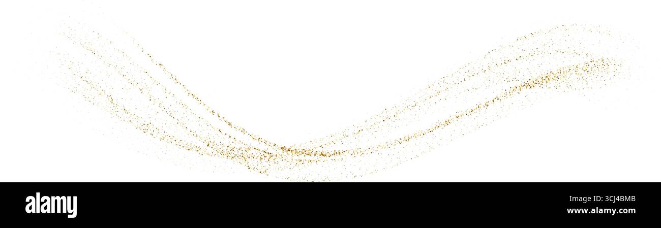 Striscia ondulata di polvere a punti oro con glitter. Flusso di liquido astratto con polka di coriandoli di particelle lucide. Per lo sfondo del design vettoriale di lusso Illustrazione Vettoriale