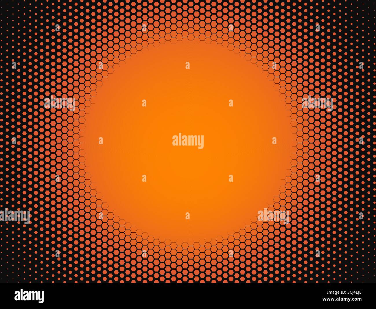 Motivo radiale a mezzitoni esagonali con sfumatura arancione-rossa. Caldo sole BG. Sfondo astratto e radioso a nido d'ape per banner naturalistici, copertina, Web Illustrazione Vettoriale