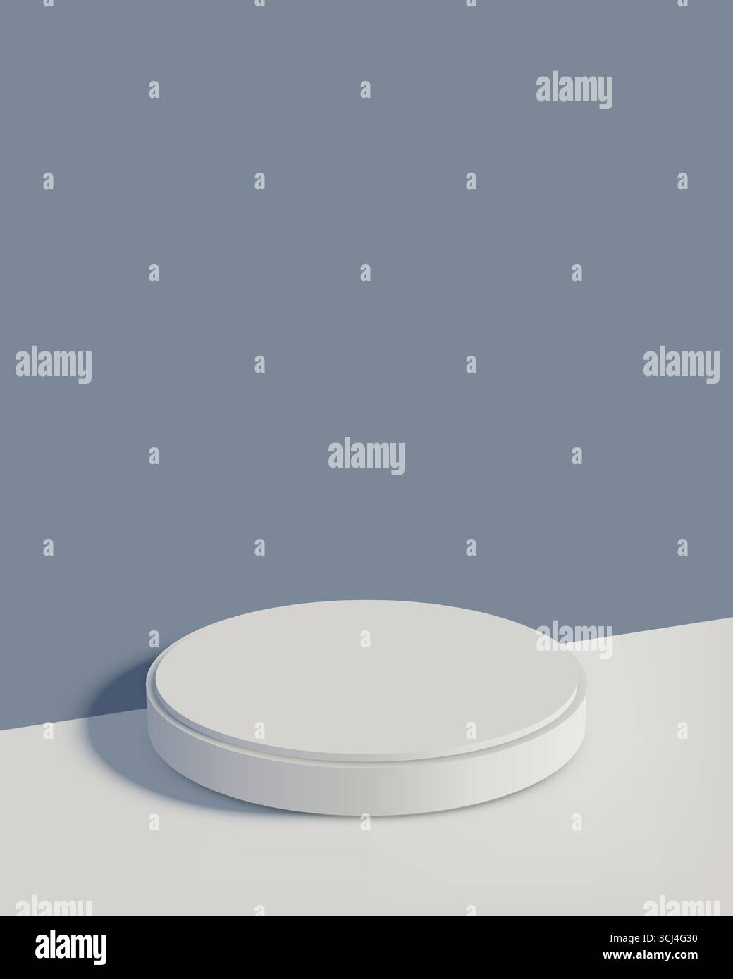 moderno podio a due livelli con design circolare bianco su sfondo blu scuro e bianco diviso, espositore di prodotti, mockup minimalista, showca con marchio Illustrazione Vettoriale