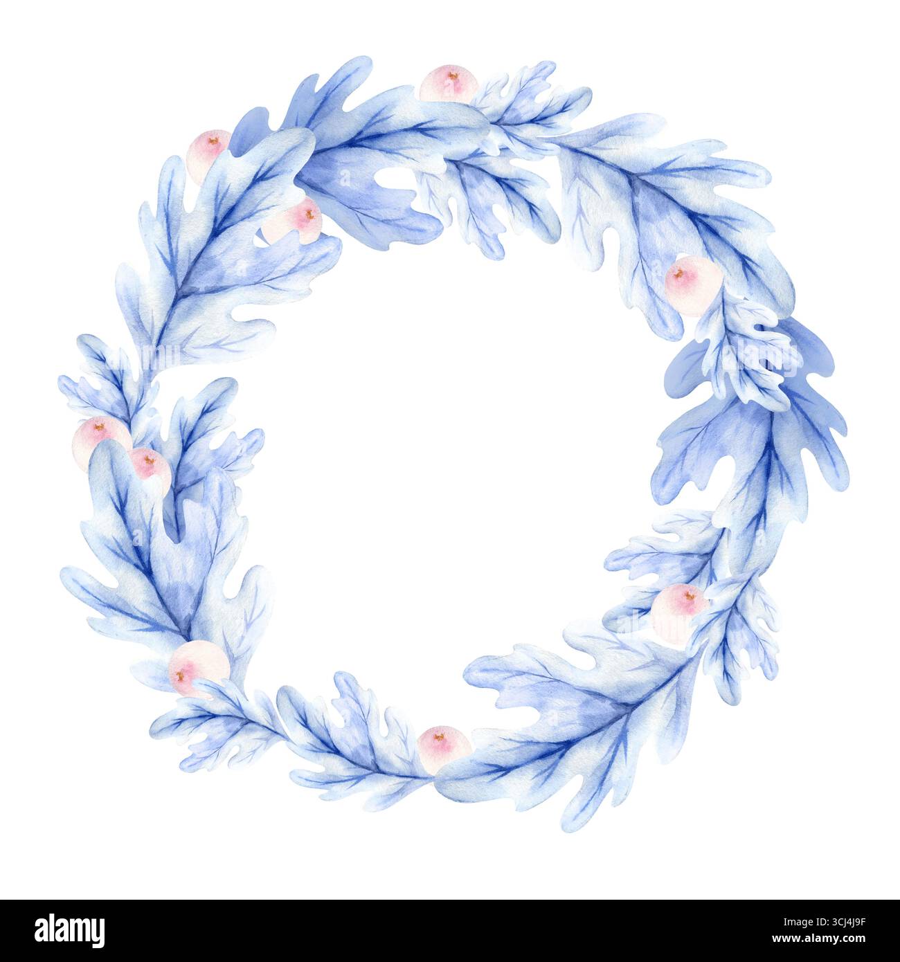Foglie di quercia blu acquerello, rami, bacche rosa, corona rotonda invernale, disegno disegnato a mano delle stagioni della foresta decorate, evento natalizio, motivo della festa Foto Stock