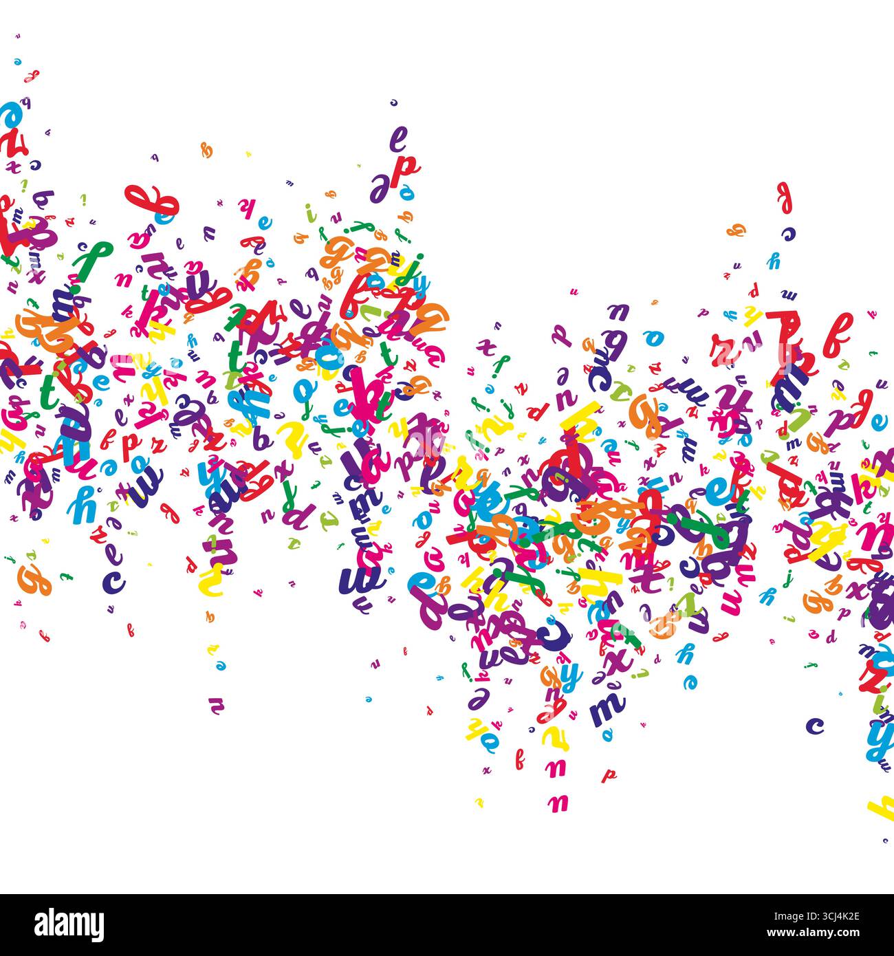 Lettere latine volanti. Carte colorate dell'alfabeto inglese sparse per bambini. Concetto di studio delle lingue straniere. Banner di ritorno a scuola su sfondo bianco. Illustrazione Vettoriale