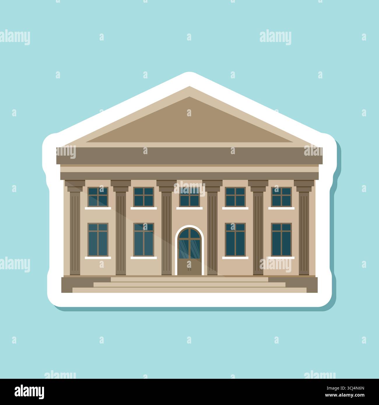 Adesivo con l'icona dell'edificio della banca in stile piatto. Illustrazione vettoriale del reparto di finanziamento su sfondo isolato. Tribunale con colonne che segnalano il business conce Illustrazione Vettoriale