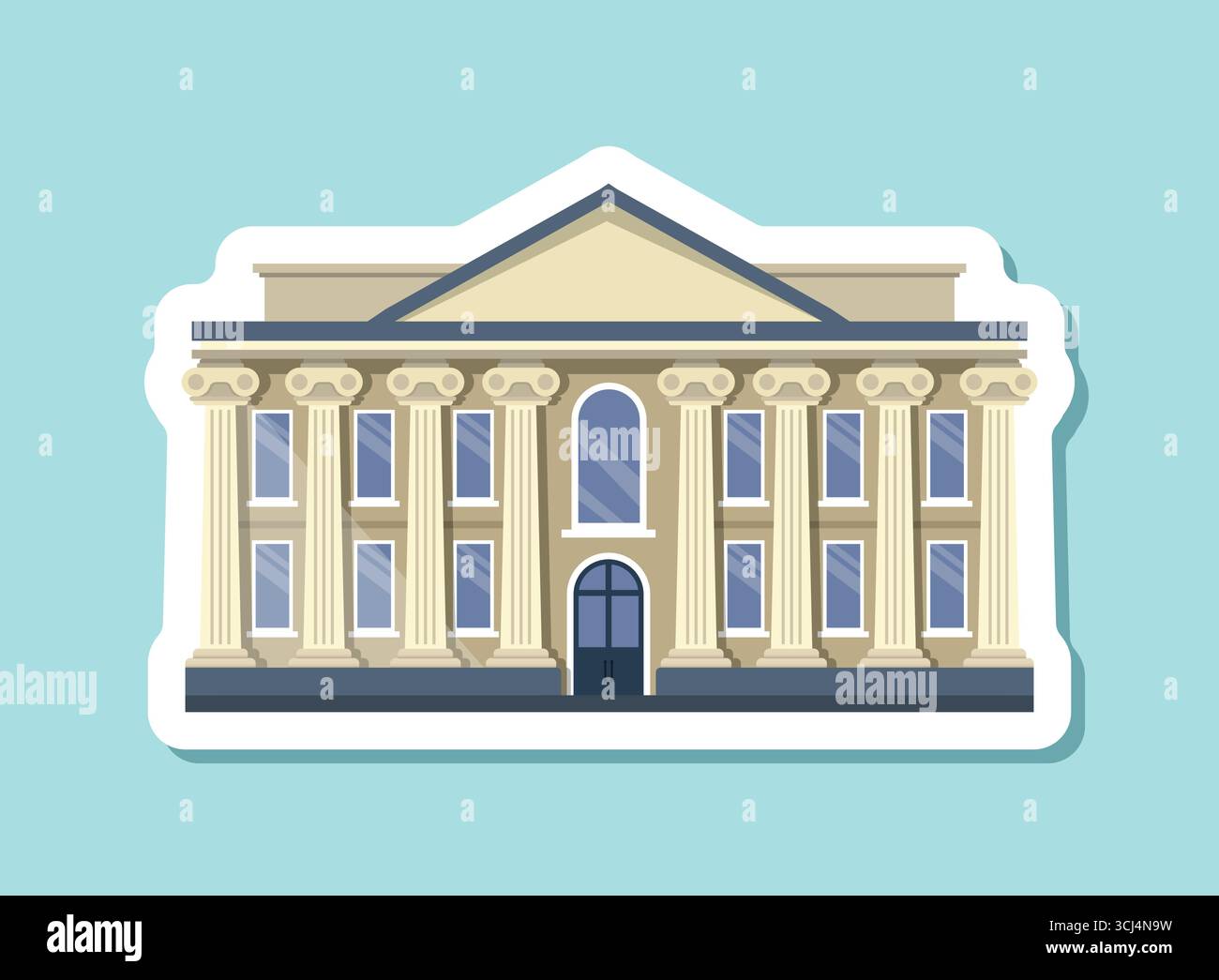 Adesivo con l'icona dell'edificio della banca in stile piatto. Illustrazione vettoriale del reparto di finanziamento su sfondo isolato. Tribunale con colonne che segnalano il business conce Illustrazione Vettoriale