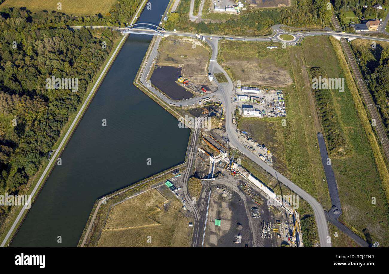 Veduta aerea, Wasserstadt Aden sul canale Datteln-Hamm, area di costruzione per il quartiere urbano pianificato sul sito dell'ex miniera Haus Aden, clo Foto Stock