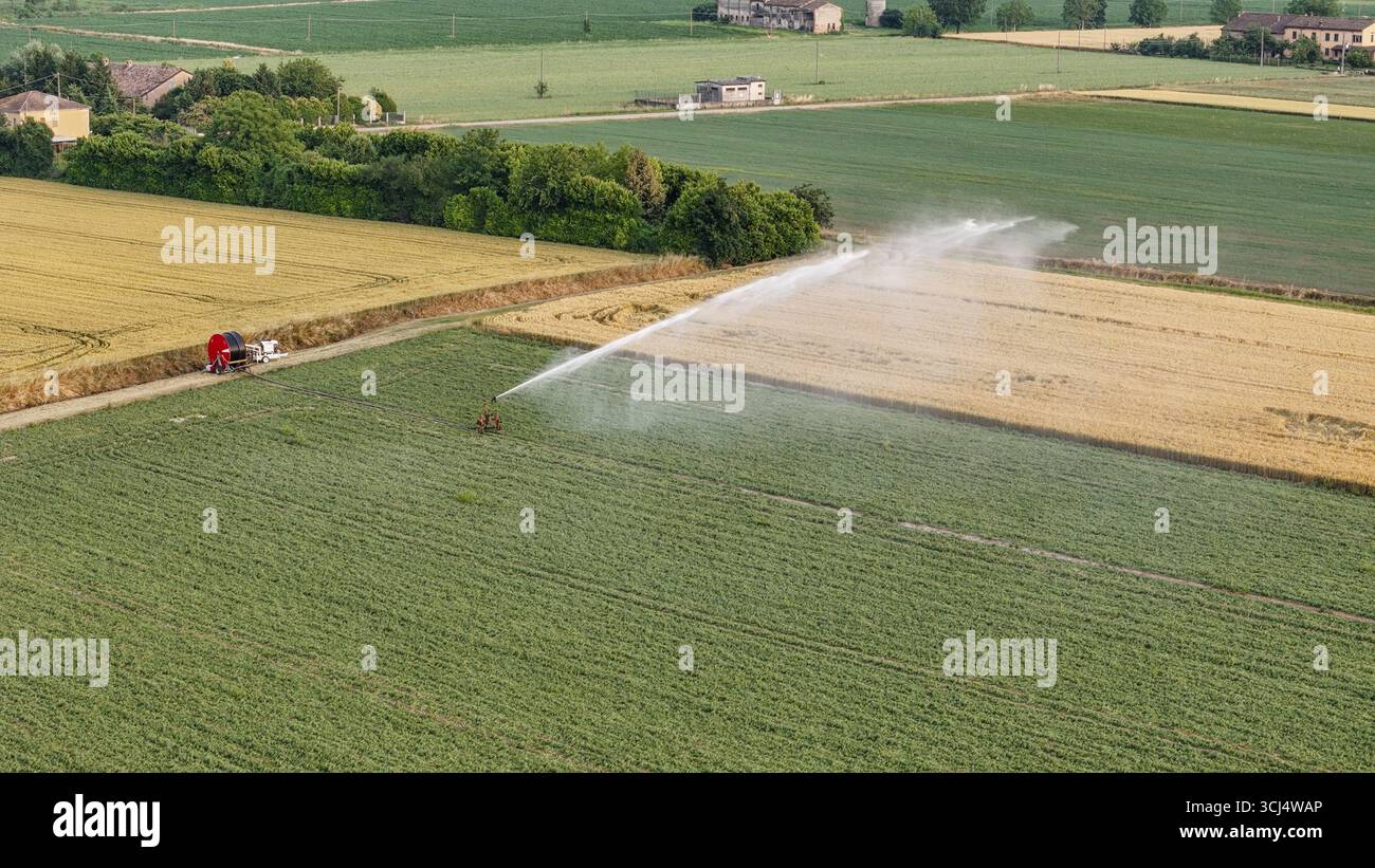 La moderna tecnologia di irrigazione agricola applicata alle colture di soia utilizza un sistema sprinkler con pistola a pioggia per una distribuzione efficiente dell'acqua nei ferti Foto Stock La moderna tecnologia di irrigazione agricola applicata alle colture di soia utilizza un sistema sprinkler con pistola a pioggia per una distribuzione efficiente dell'acqua nei ferti Foto Stock