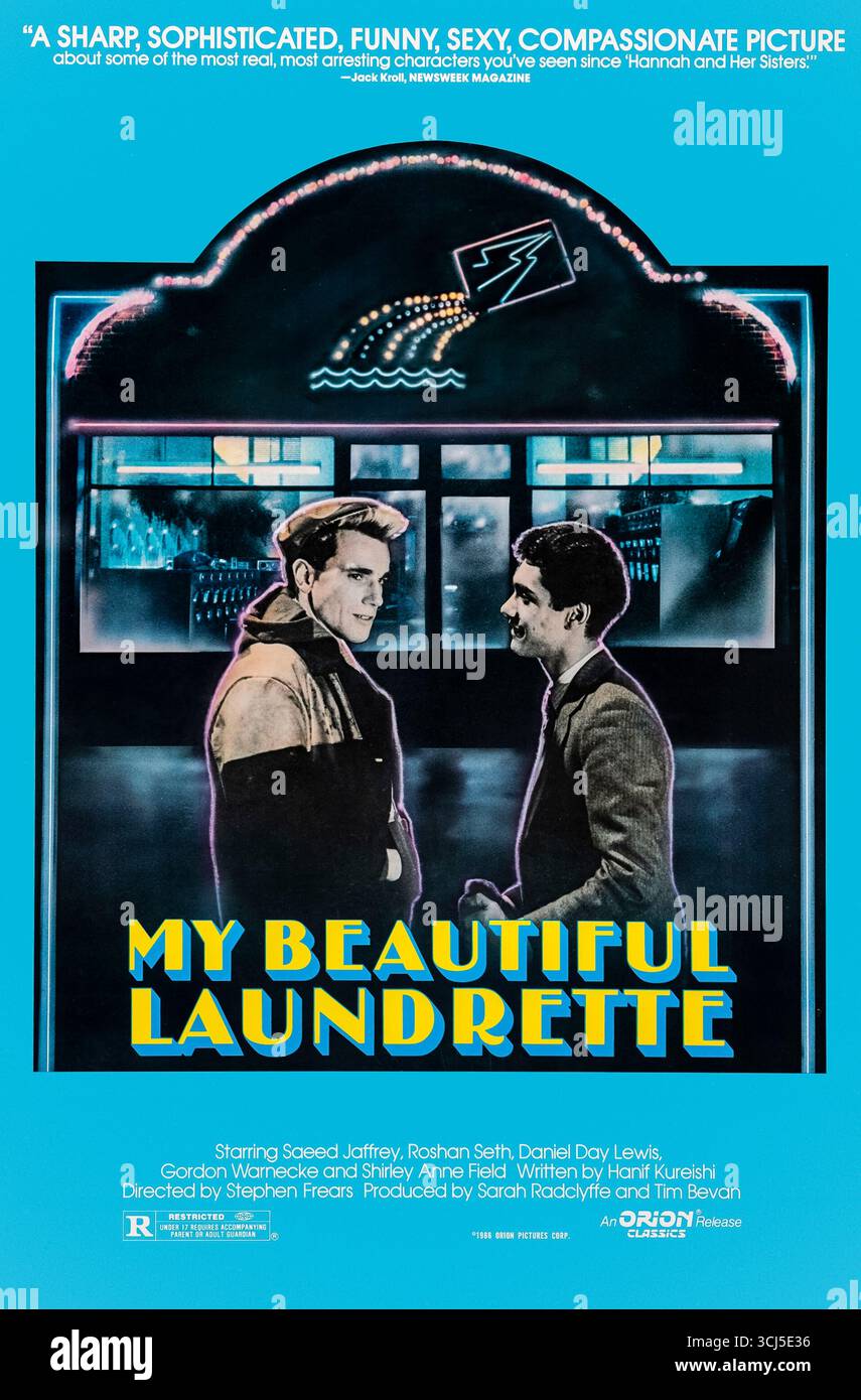 My Beautiful Laundrette (1985), diretto da Stephen Frears e interpretato da Gordon Warnecke, Daniel Day-Lewis e Saeed Jaffrey. Nella Londra dell'era Thatcher, un giovane uomo britannico-pakistano e il suo ex amante punk rivitalizzano una lavanderia mentre gestiscono la pressione familiare, il razzismo e il desiderio. Fotografia di un poster originale del 1985 USA a un foglio SOLO PER USO EDITORIALE. Credito: BFA / Orion Classics Foto Stock