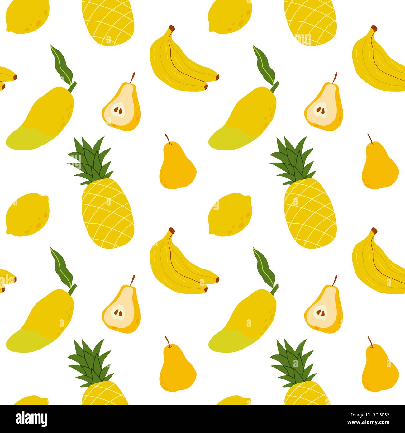 Questo vivace motivo mostra vari frutti gialli, tra cui mango, limoni, ananas, pere, e le banane disposte creativamente su una superficie bianca Illustrazione Vettoriale