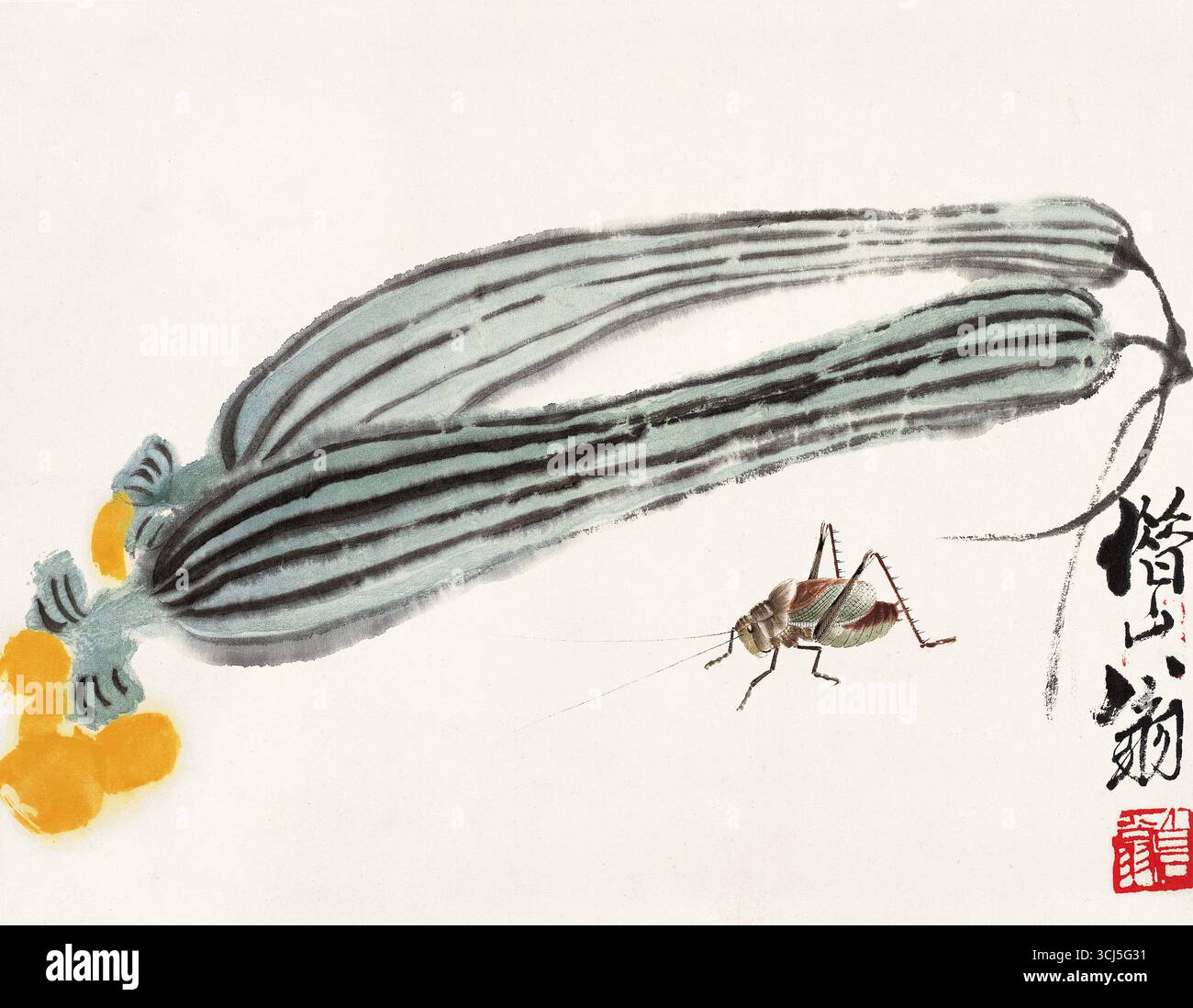 Luffa e Katydid, Chinese Ink Painting attribuito a Qi Baishi Foto Stock