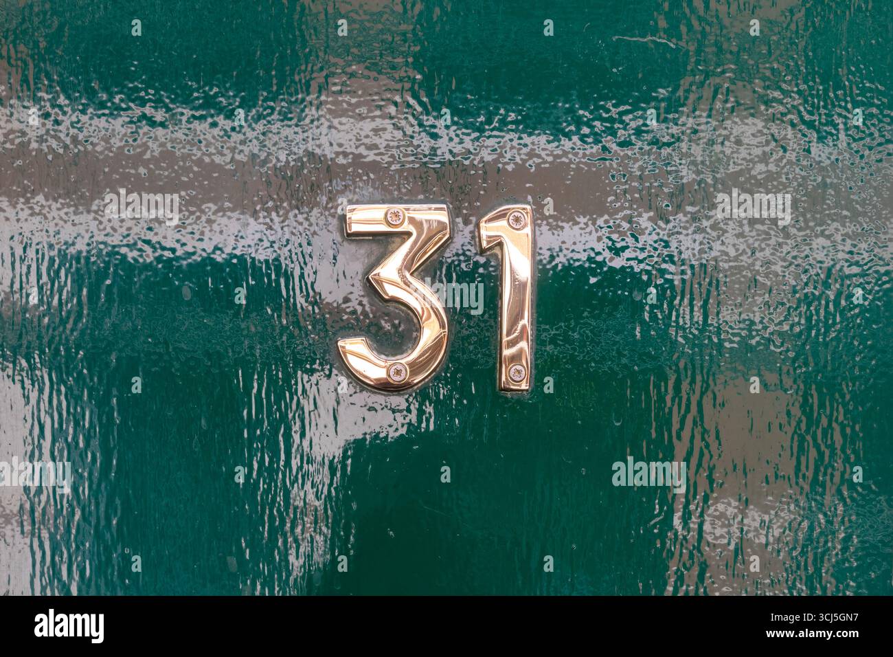 Ottone numero trentuno sulla porta verde lucida Foto Stock