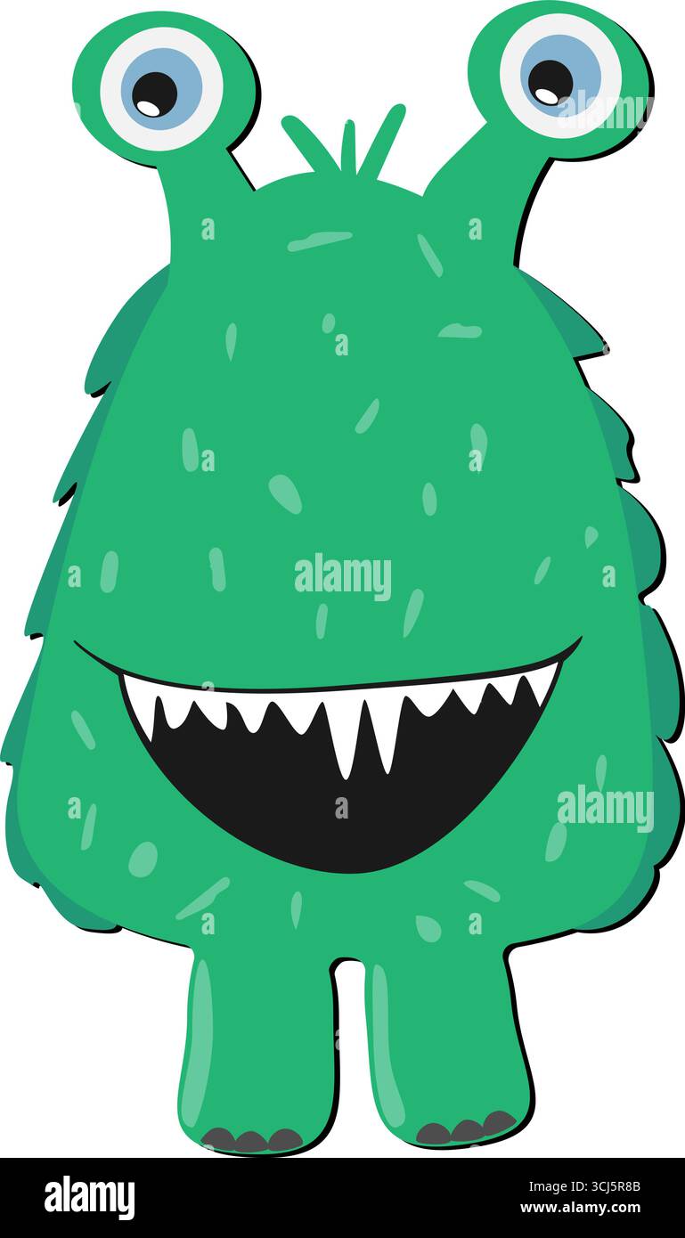 stravagante mostro peloso verde con grandi occhi stravaganti e un ampio sorriso, illustrazione vettoriale Illustrazione Vettoriale