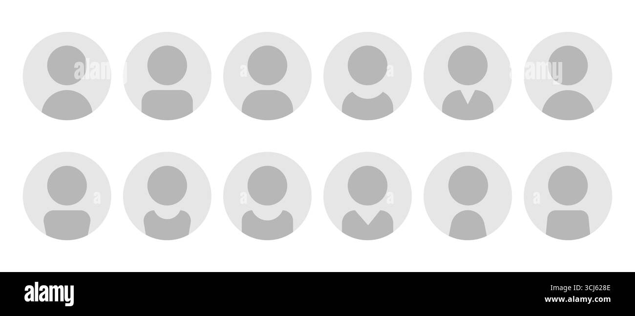 Set di avatar con profili utente in scala di grigi in cerchi, silhouette neutre di genere, icone di persona in stile cartoni animati piatto. Perfetto per applicazioni, social media e interfaccia utente Illustrazione Vettoriale
