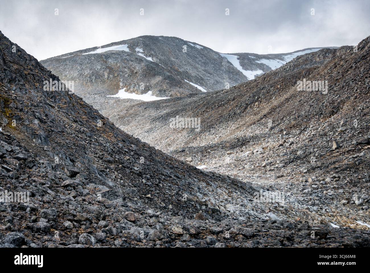 Isola dei danesi Oceano Artico Norvegia // ISOLA DEI DANESI, Svalbard — il terreno roccioso aspro dell'isola danese (Danskøya) nell'Oceano Artico è caratterizzato da pendici di ghiaia e macchie di neve persistente. Quest'isola, parte dell'arcipelago delle Svalbard, si trova a nord-ovest di Spitsbergen ed è in gran parte disabitata. Storicamente, servì come base per le stazioni baleniere nel XVII secolo e fu il punto di partenza per la sfortunata spedizione in mongolfiera artica di S. A. Andrée nel 1897. L'isola danese copre un'area di 40,6 km2 (15,7 sq mi). Foto Stock