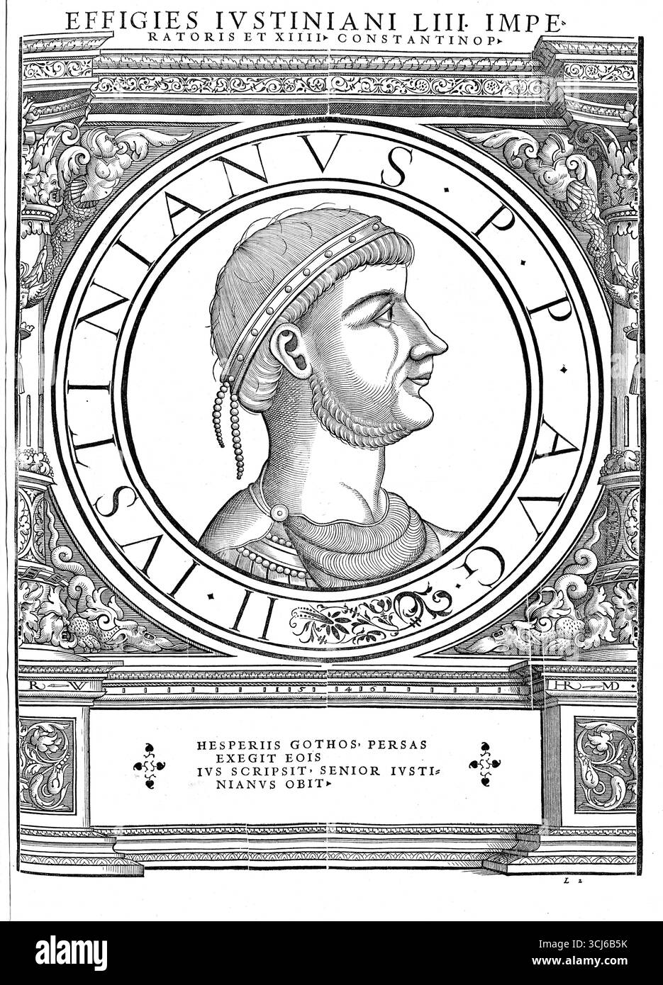 Giustiniano, Iustiniano, documentato nei suoi dittici consolari del 521 come Flavio Petrus Sabbatius Iustinianus, fu imperatore romano dal 1 aprile o il 1 agosto 527 fino alla sua morte, riproduzione autentica, restaurata digitalmente da un originale del XIX secolo, data di registrazione non dichiarata Foto Stock