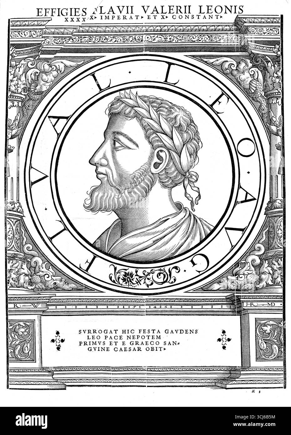 Leone i, noto anche come Leone i il macellaio, il cui nome completo era Flavio Valerio Leone (nato intorno al 401, morto il 18 gennaio 474 a Costantinopoli), fu imperatore del tardo Impero romano d'Oriente dal 7 febbraio 457 fino alla sua morte nel 474. Riproduzione autentica e restaurata digitalmente da un originale del XIX secolo. Data di registrazione non indicata. Foto Stock