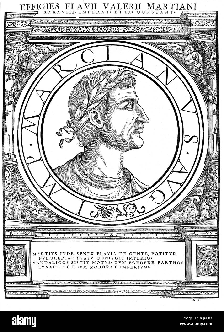 Marciano, Flavio Marciano (nato intorno al 390 in Tracia, morto il 27 gennaio 457 a Costantinopoli) fu imperatore dell'Impero Romano d'Oriente dal 450 al 457, autentica riproduzione restaurata digitalmente da un originale del XIX secolo, data record non dichiarata Foto Stock