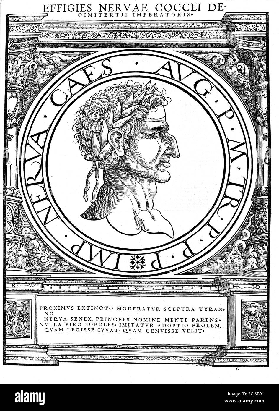 Nerva (Narnia, 8 novembre 30, – Roma, 27 gennaio 98) fu il successore di Domiziano come imperatore romano dal 18 settembre (o 19) 96 fino alla sua morte. Il suo nome di nascita completo era Marcus Cocceius Nerva; come imperatore, usò il nome Imperator Nerva Caesar Augustus. Riproduzione autentica e restaurata digitalmente da un originale del XIX secolo. Data di registrazione non indicata." Foto Stock