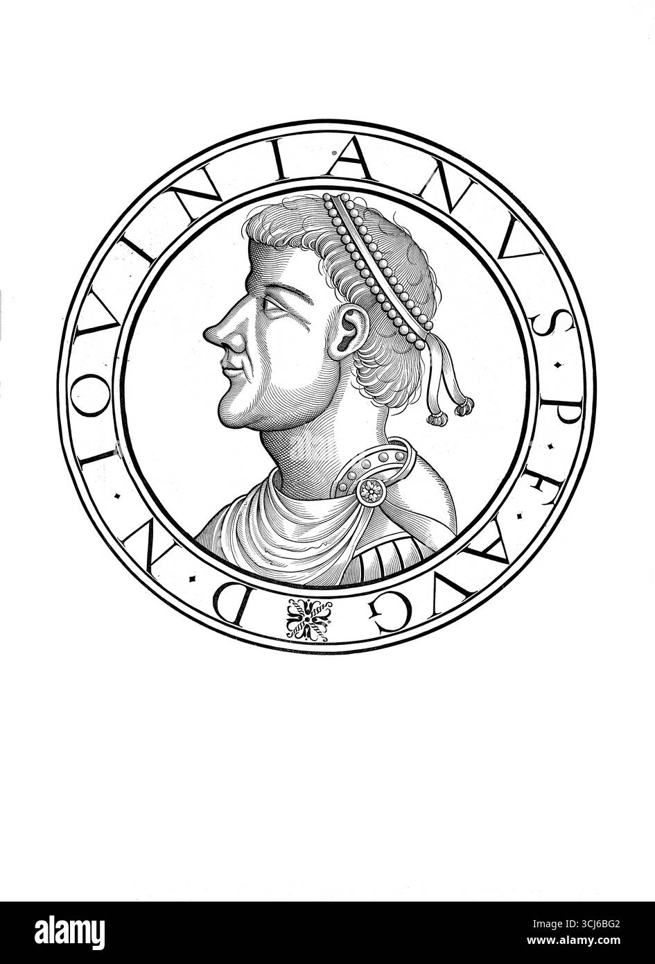 Flavio Ioviano (nato nel 331 a Singidunum, morto il 17 febbraio 364 a Dadastana), noto anche come Gioviano, succedette a Giuliano come imperatore dell'Impero Romano. Regnò solo per un inverno, dal 363 al 364. Gioviano, cristiano, ruppe con le politiche anti-cristiane del suo predecessore e, nella pace del 363, pose fine all'offensiva del suo predecessore contro l'Impero persiano sasanide. Riproduzione autentica e restaurata digitalmente da un originale del XIX secolo. Data di registrazione non indicata. Foto Stock