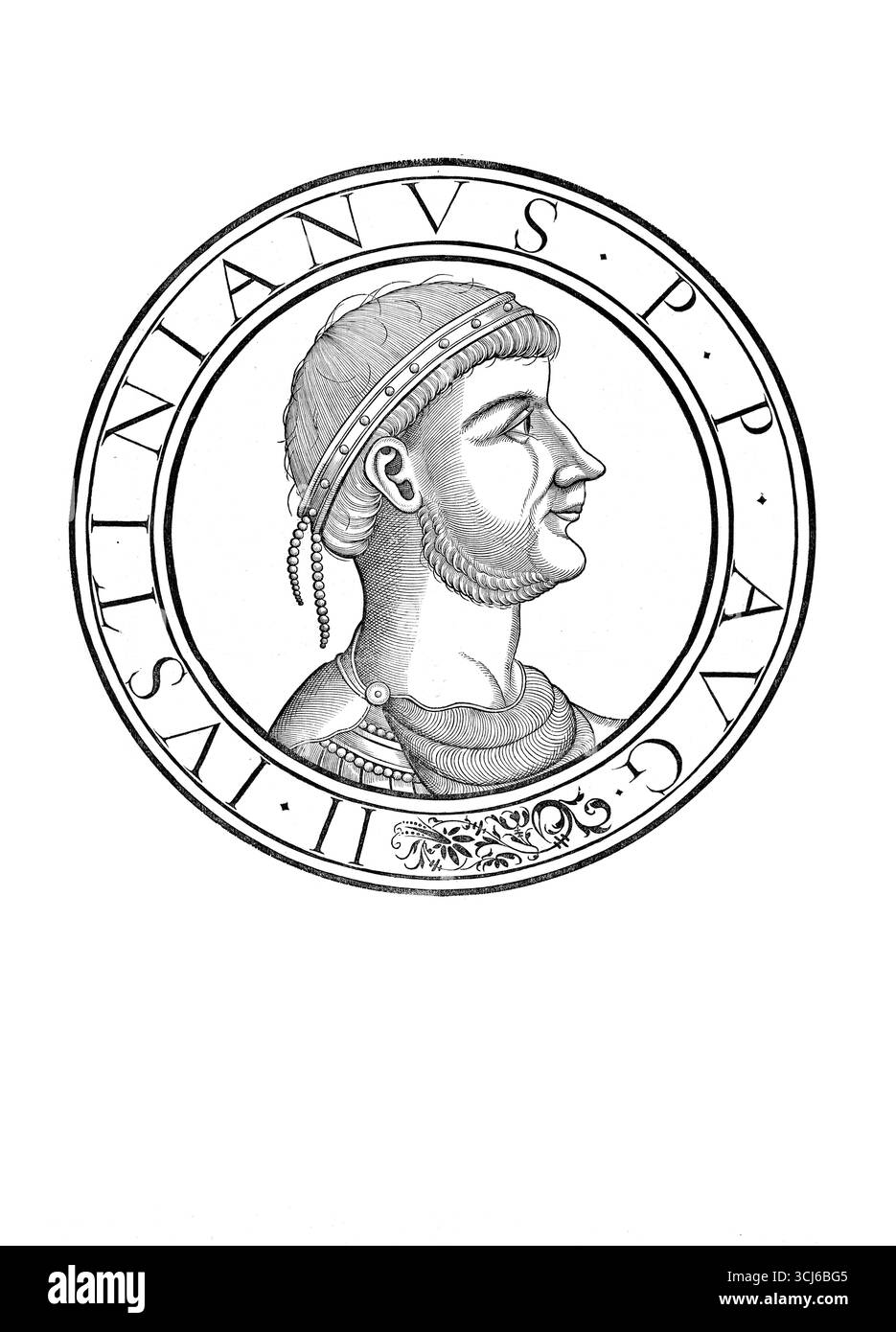 Giustiniano, Iustiniano, documentato nei suoi dittici consolari del 521 come Flavio Petrus Sabbatius Iustinianus, fu imperatore romano dal 1 aprile o il 1 agosto 527 fino alla sua morte, riproduzione autentica, restaurata digitalmente da un originale del XIX secolo, data di registrazione non dichiarata Foto Stock