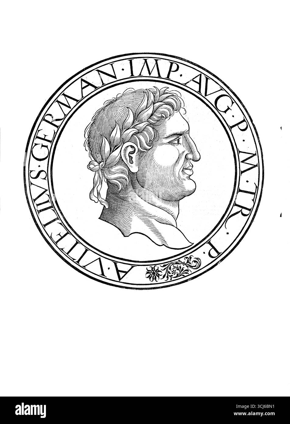 Aulo Vitellio (nato il 7 o 24 settembre 12 o 15 a Lucera, morto il 20 o 21 dicembre 69 a Roma) fu imperatore romano dall'aprile 69 fino alla sua morte nel dicembre dello stesso anno. Riproduzione autentica e restaurata digitalmente da un originale del XIX secolo. Data di registrazione non indicata. Foto Stock