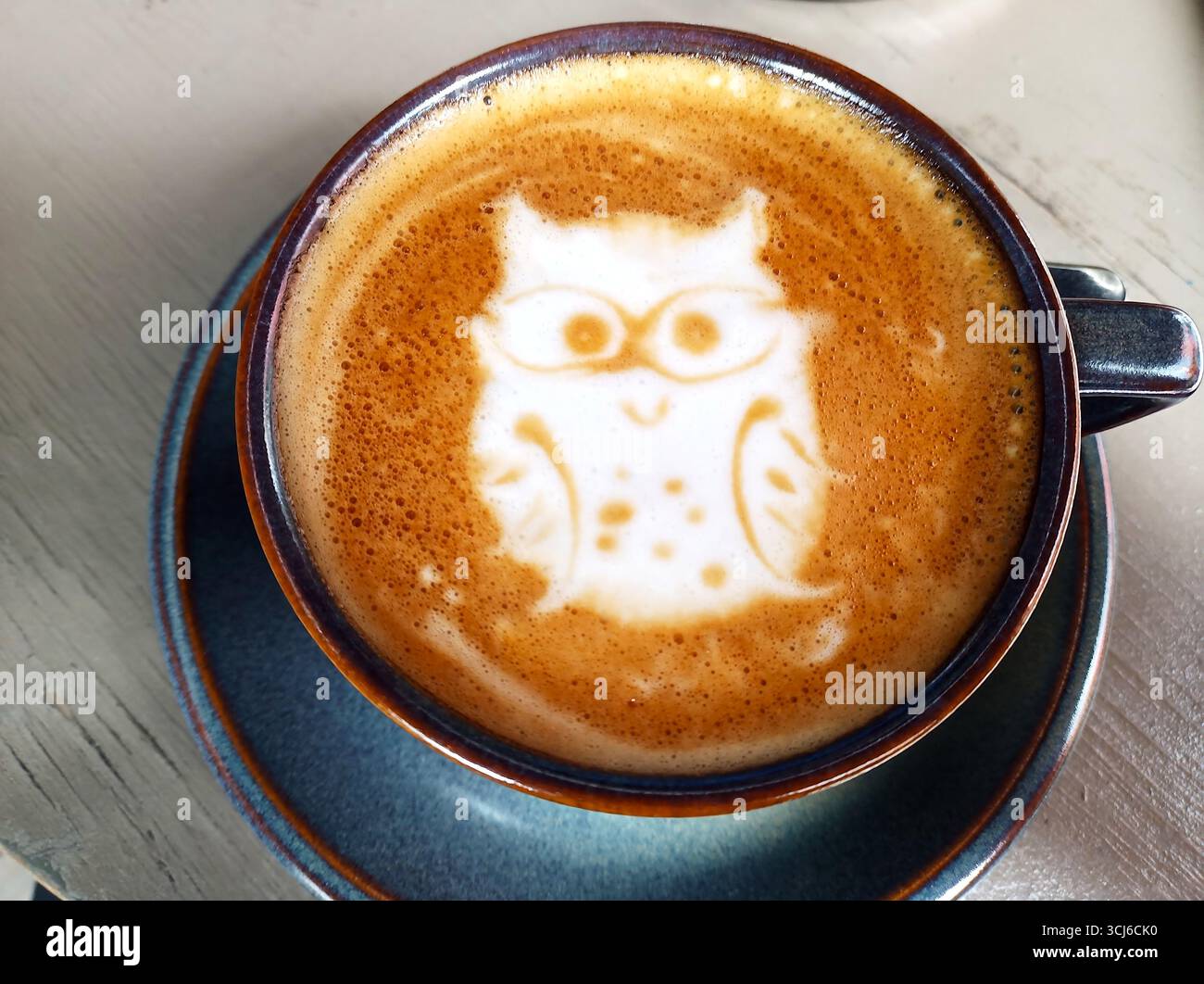 Tazza di caffè su un tavolo dall'alto e la schiuma ha la forma di un gufo carino con i bicchieri Foto Stock