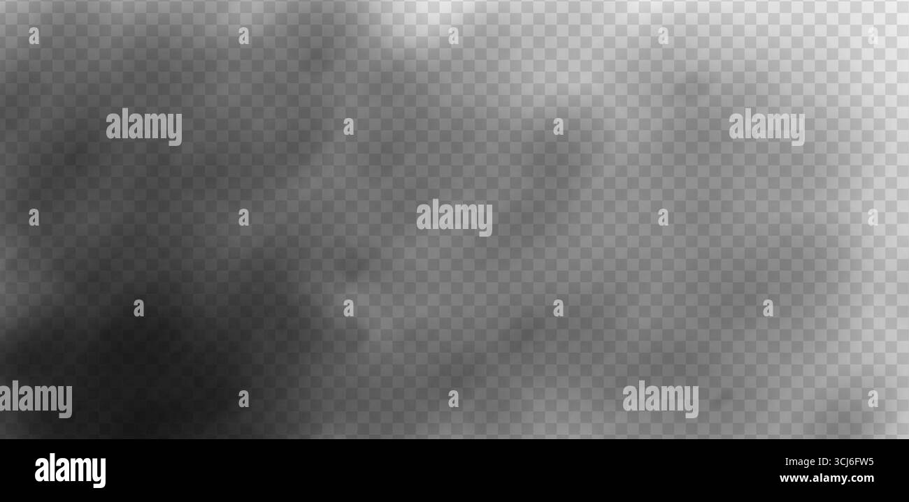 Copertura fumi scuri e nebbia con morbida foschia. Texture cinematografica per uno sfondo spettacolare, una scena fantasy, un design gotico o un effetto notturno inquietante. Vettore PNG trasparente. Illustrazione Vettoriale