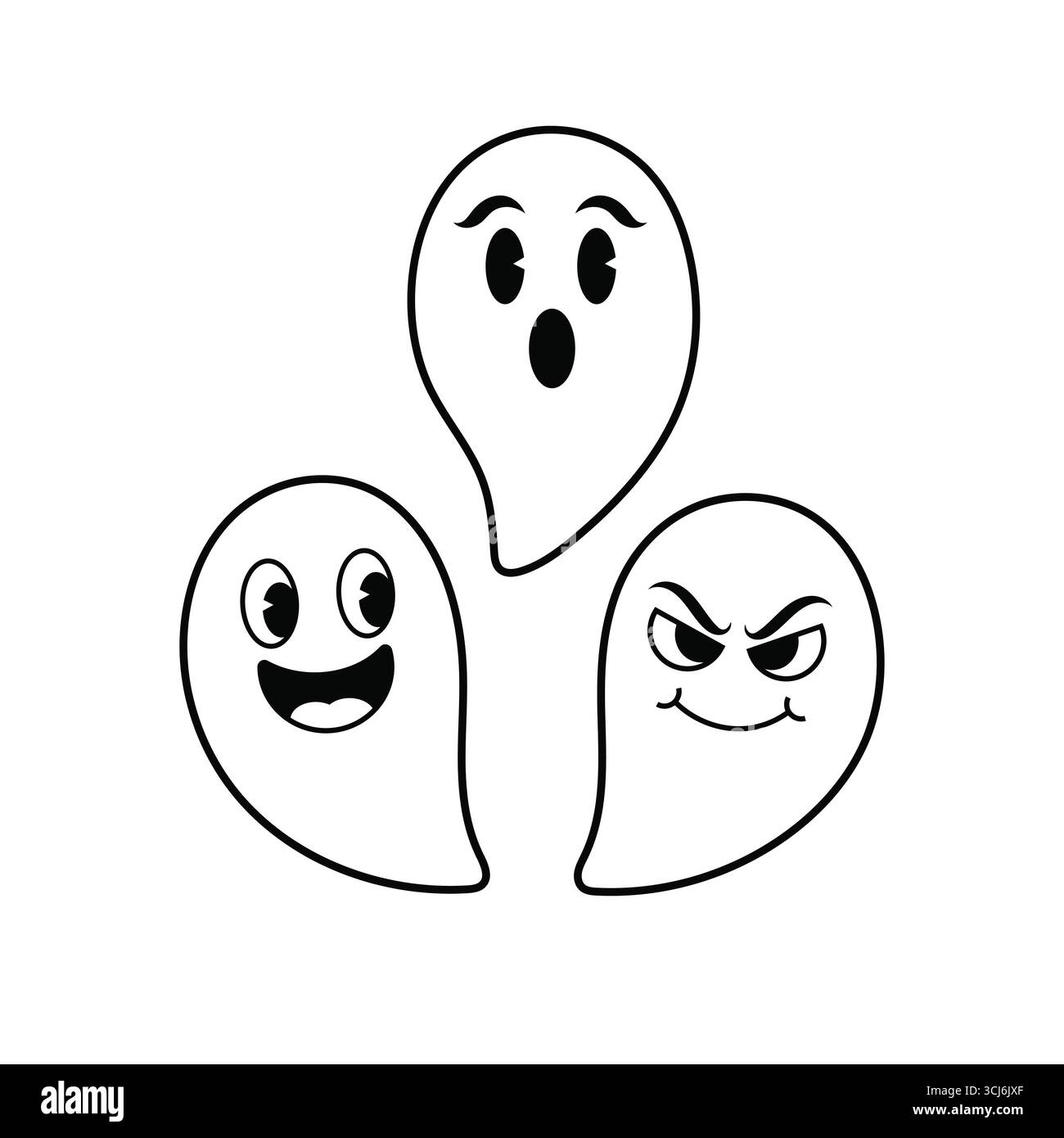 Tre fantasmi cartoni animati con diverse espressioni per le decorazioni di halloween e crea uno sfondo bianco Illustrazione Vettoriale