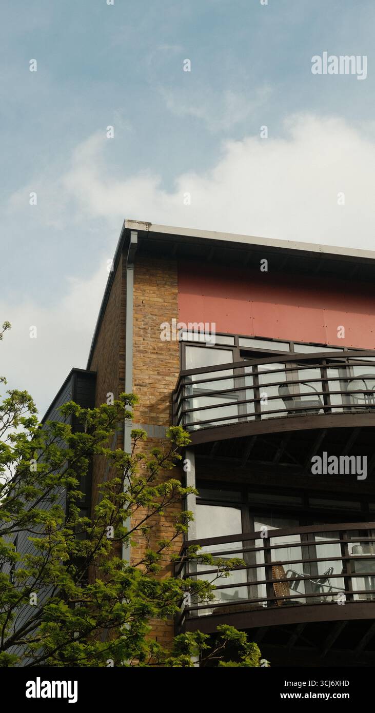 Moderno edificio in legno con tetto inclinato e balcone all'aperto a Londra, circondato da alberi e adagiato su un cielo parzialmente nuvoloso. Foto Stock