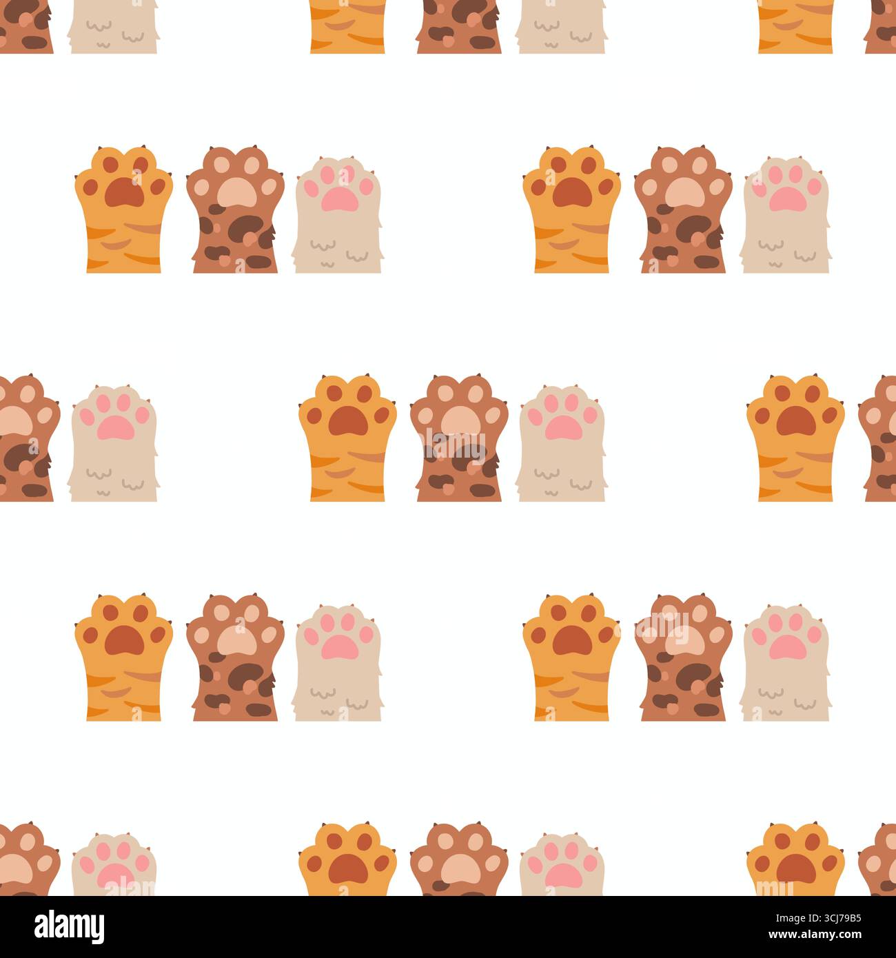 Cartoni animati con motivo senza cuciture, con zampe e impronte di animali isolate, ideali per striscioni, poster e sfondi che celebrano la giornata internazionale del gatto Foto Stock