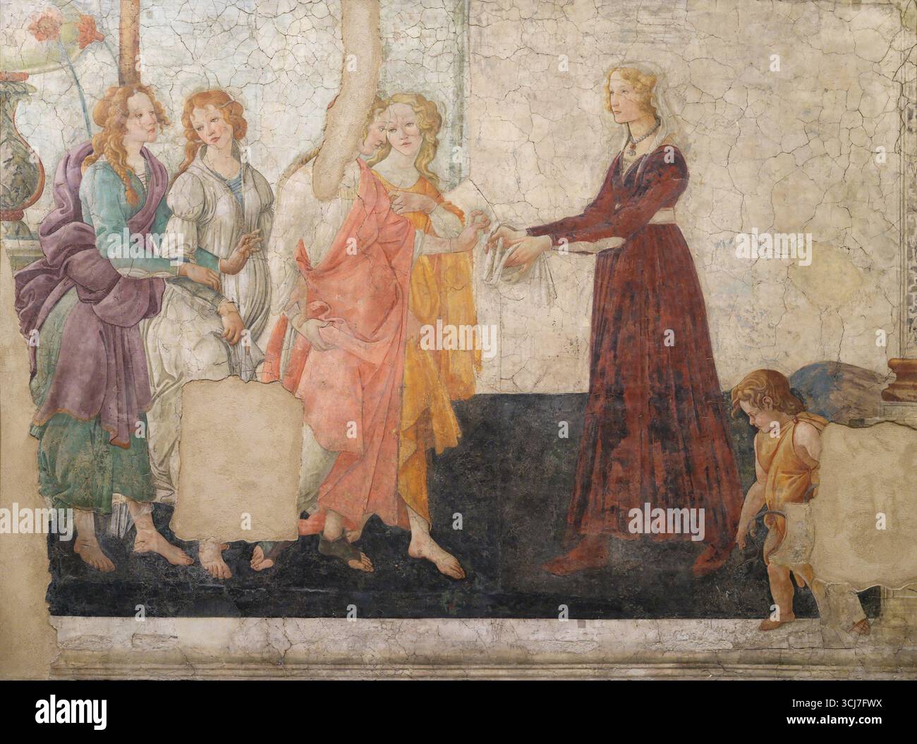 Venere e le tre Grazie che presentano regali a una giovane donna, originariamente decorata Villa Lemmi, una villa di campagna vicino Firenze di proprietà di Giovanni Tornabuoni, zio di Lorenzo de' Medici e capo del ramo romano della Banca Medici. . Artista Sandro Botticelli anno 1483–1486 tipo affresco, staccato e montato su tela Foto Stock