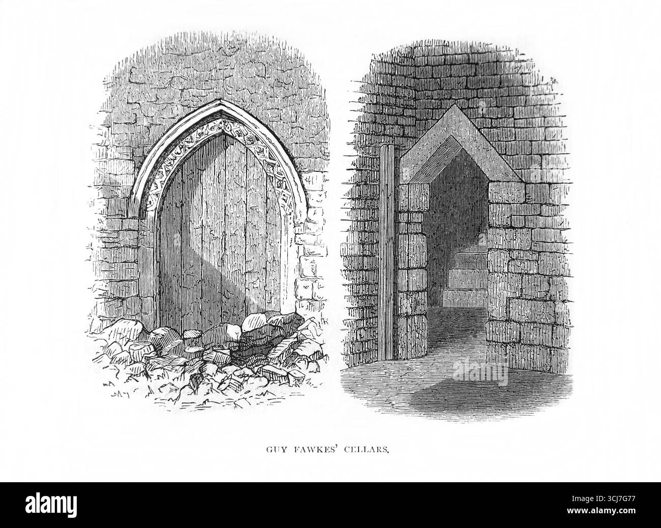 Illustrazione di Guy Fawkes Cellars Under the Houses of Parliament dove He HID The Gunpowder nel 1605 da Antique The 1866 Edition of Foxe's Book of M Foto Stock