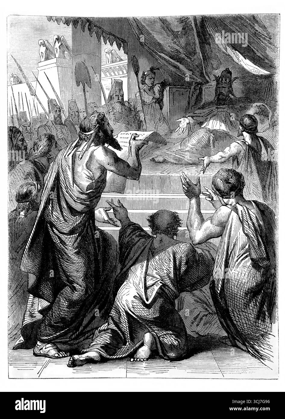 Illustrazione della Corte di Re Dario presentazione della lettera di denuncia contro gli ebrei (Ezra) dall'Antico XIX secolo la Sacra Bibbia containi Foto Stock