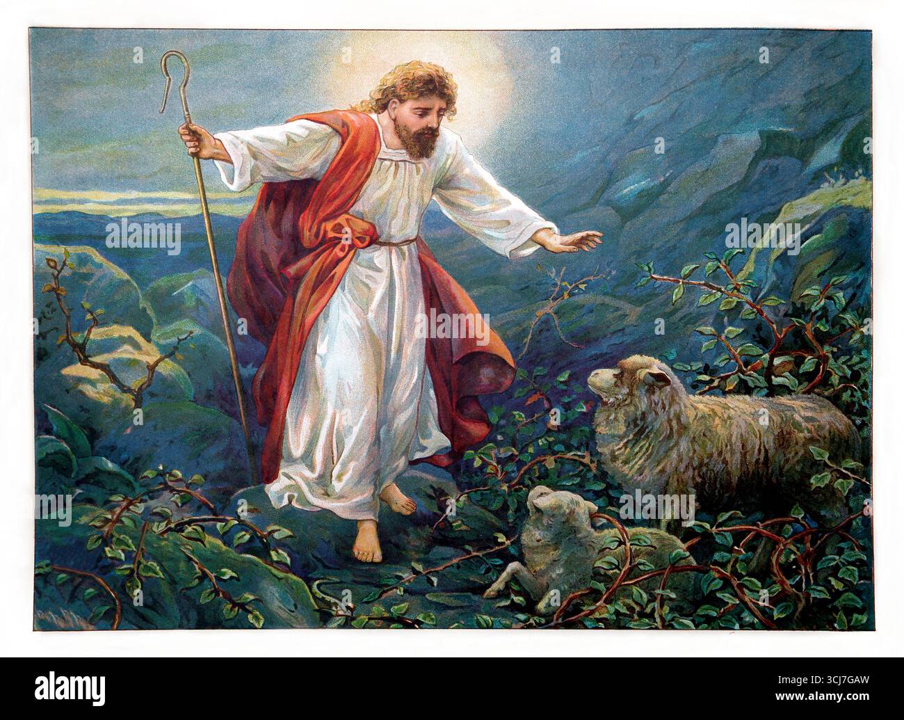 Illustrazione di Gesù Cristo come il buon Pastore che trova la pecora perduta dal libro per bambini del XX secolo l'ABC delle immagini bibliche Foto Stock