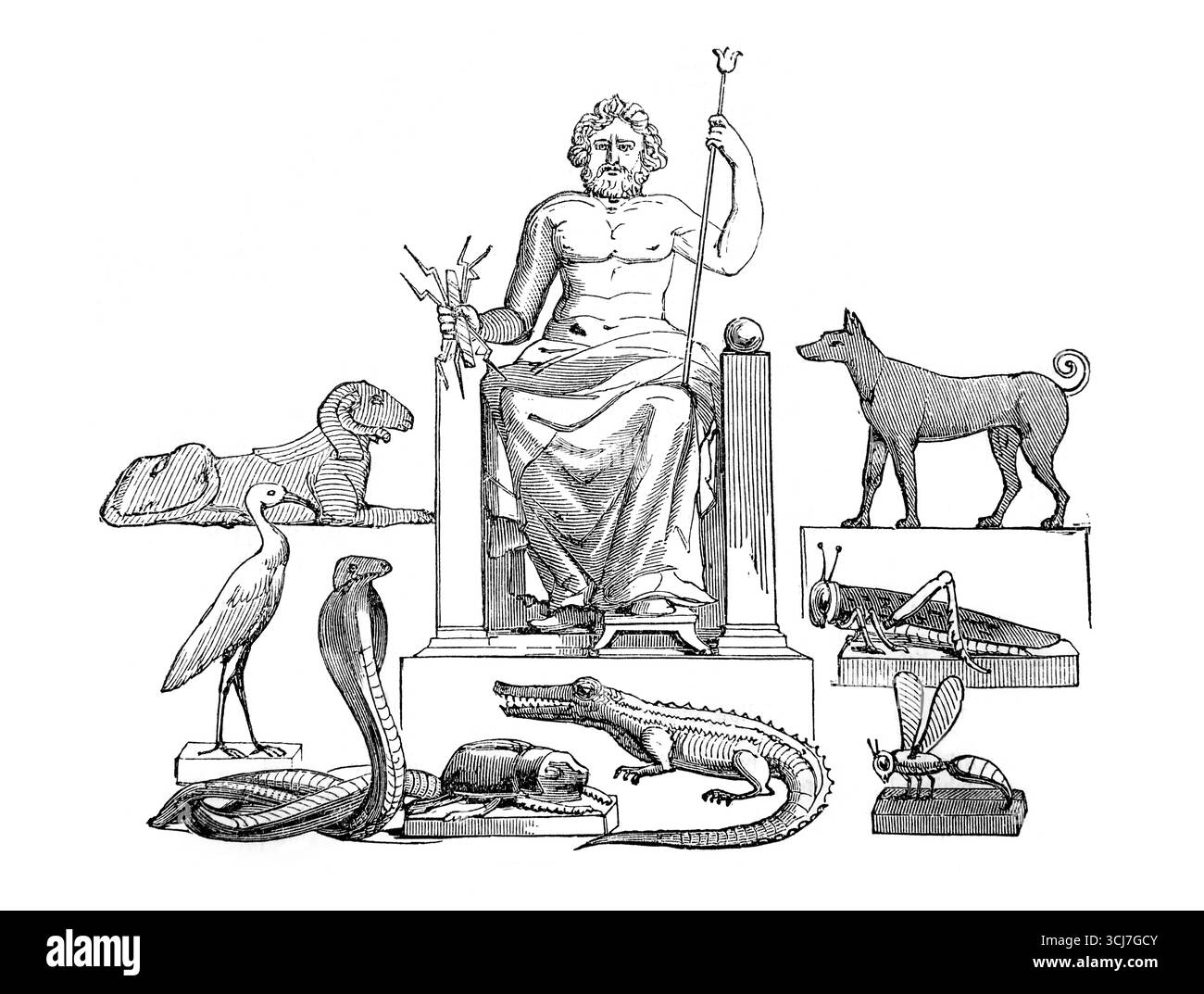 Illustrazione di antichi dei e Idoli - Giove, cane, RAM, Ibis, Serpente, Locust, Crocodile, Wasp and Scarab Beetle from Antique 19th Century the ho Foto Stock
