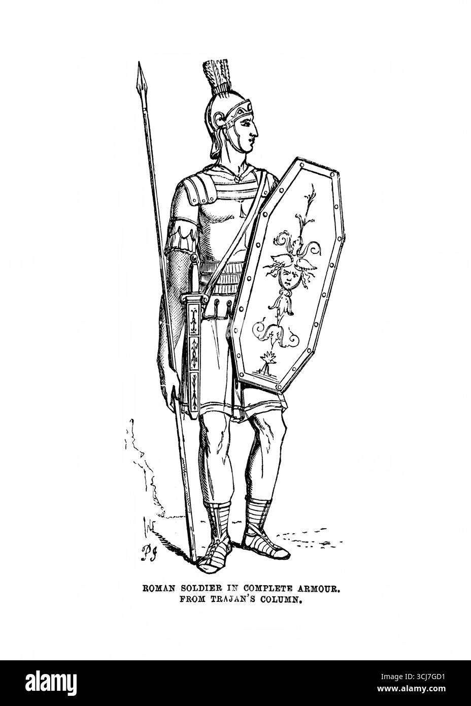 Illustrazione di un soldato romano in completa armatura sulla colonna di Traiano dall'Antica Ottocento la Sacra Bibbia contenente il Vecchio e il nuovo Testamen Foto Stock