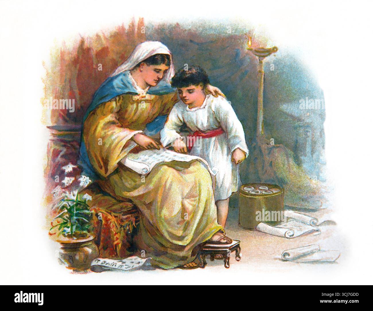 Illustrazione di Timoteo e di sua madre Eunice che gli insegnano la fede (lettera di Timoteo) dal libro per bambini del XX secolo l'ABC della Bibbia Pict Foto Stock
