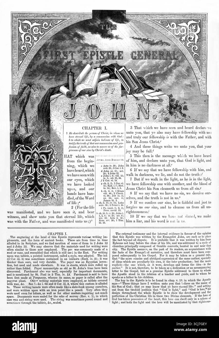 Titolo pagina della prima lettera di Giovanni dall'Antica Ottocento la Sacra Bibbia contenente l'Antico e il nuovo Testamento con note esplicative, Referen Foto Stock