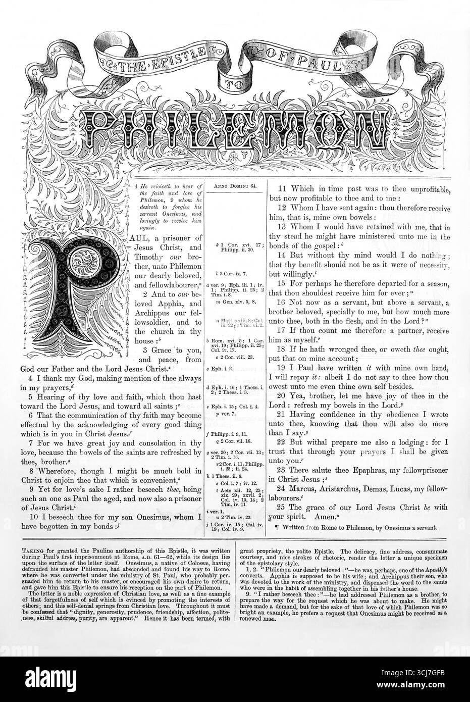 Titolo pagina la lettera di Paolo a Filemone dall'Antica Ottocento la Sacra Bibbia contenente l'Antico e il nuovo Testamento con note esplicative, Refe Foto Stock