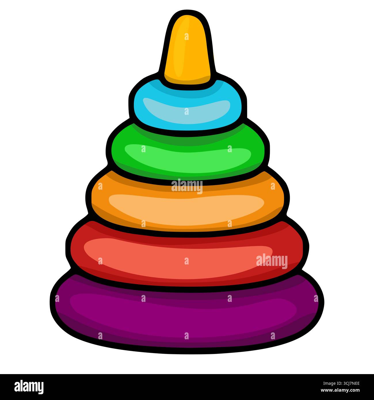Vivace illustrazione vettoriale di un colorato giocattolo impilabile, dalla forma conica con anelli a strati in uno spettro arcobaleno, perfetto per i bambini Illustrazione Vettoriale