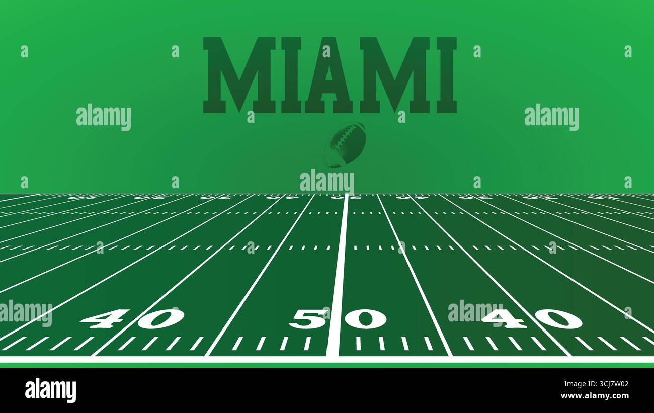 Miami Drawings of City Names, American Football Green Field, illustrazione vettoriale immagine modificabile, Social Media e Web Post Illustrazione Vettoriale