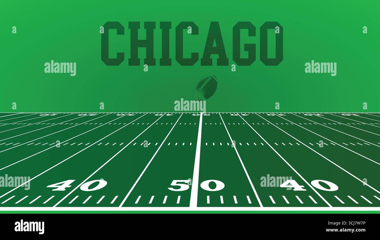Chicago Drawings of City Names, campo verde del football americano, immagine astratta modificabile di illustrazione vettoriale, social media e post web Illustrazione Vettoriale