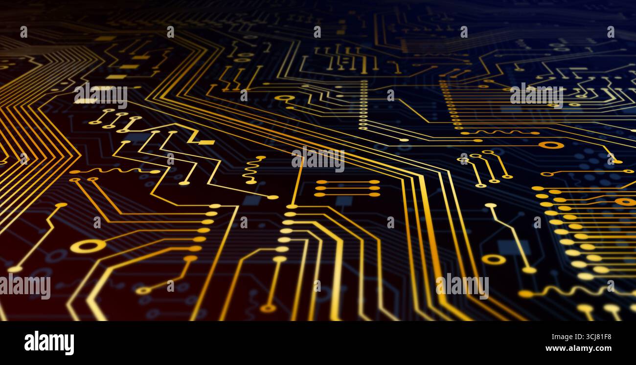 Tecnologie informatiche. Circuito microelettronico con linee dorate, vista macro. Illustrazione. Panorama Foto Stock