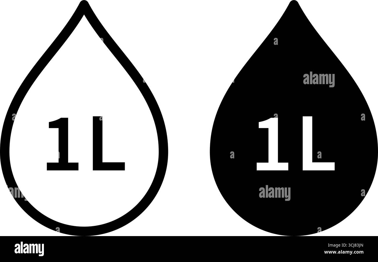 Set di icone della capacità dell'acqua. Simbolo del volume del liquido 1 litro. Icona goccia d'acqua. Volume del fluido. Segno L. Incrostazioni per liquidi o ingredienti. Illustrazione vettoriale Illustrazione Vettoriale