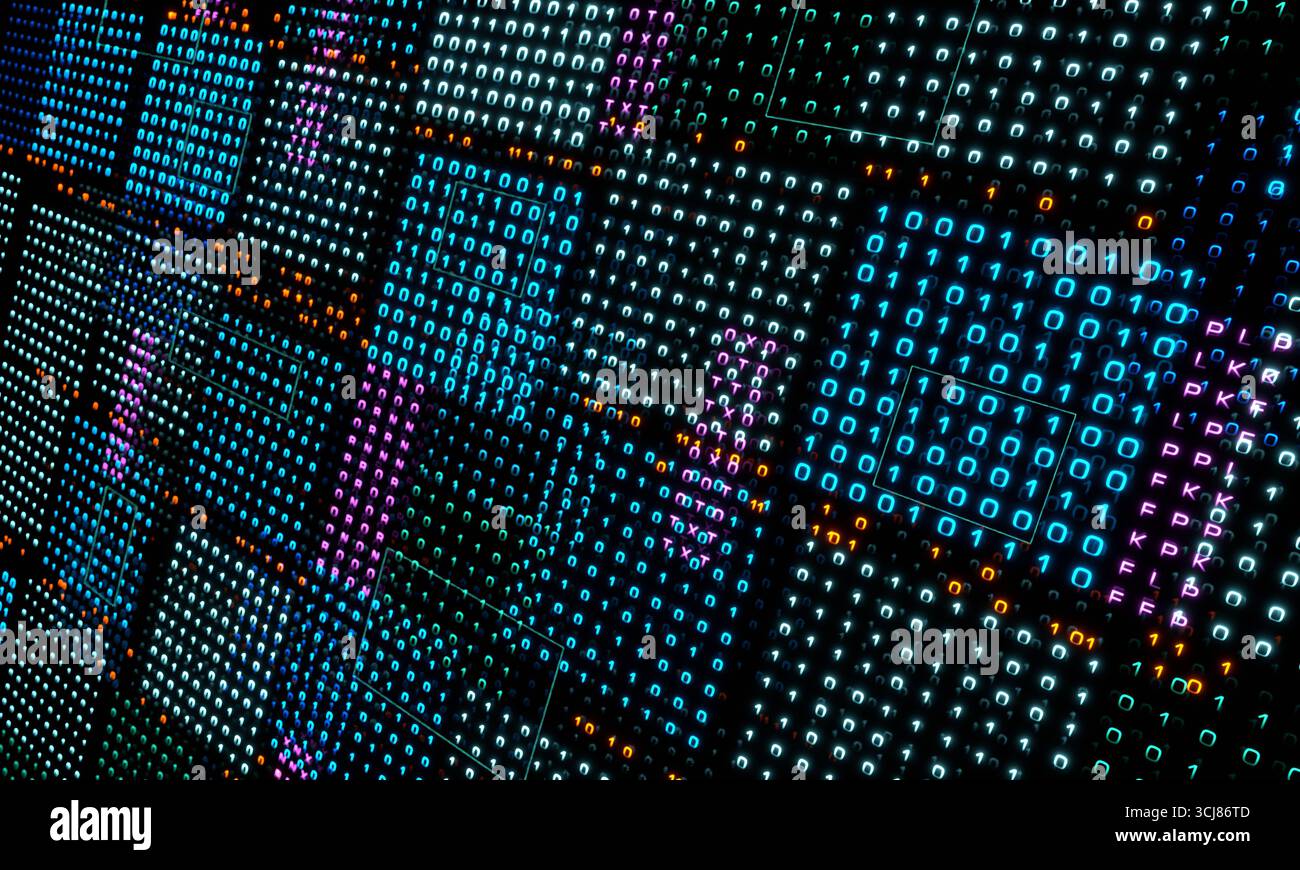 Primo piano: Codice binario, big data, dati ai intelligenza artificiale, linguaggio informatico. Primo piano: Codice binario, big data, dati ai intelligenza artificiale, linguaggio informatico. Dati astratti, realtà virtuale, tecnologia, scienza, industria. Illustrazione 3D img Technology 076s07 binary code big data Foto Stock