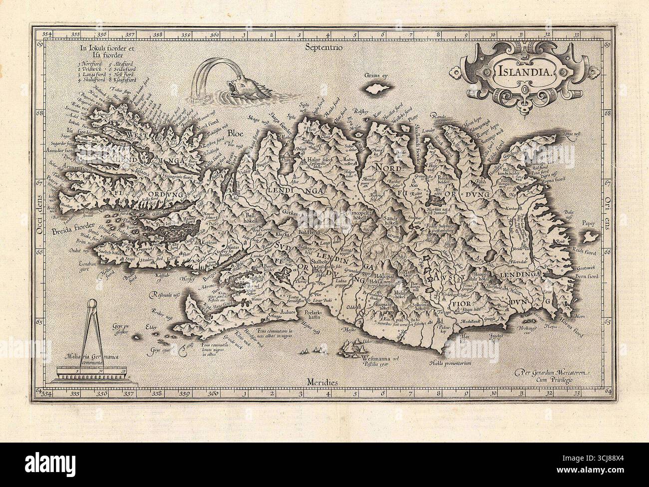 Mappa storica dell'Islanda di Gerhard Mercator, originariamente pubblicata nel 1595 e ristampata nel 1630, che mostra montagne, insediamenti e creature marine. Foto Stock