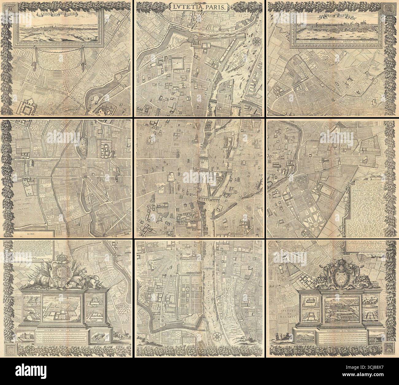 Lutetia Paris, 1652 Jacques Gomboust mappa di Parigi, Francia. Qui illustrato nella ristampa Taride del piano storico del 1900 circa. Foto Stock
