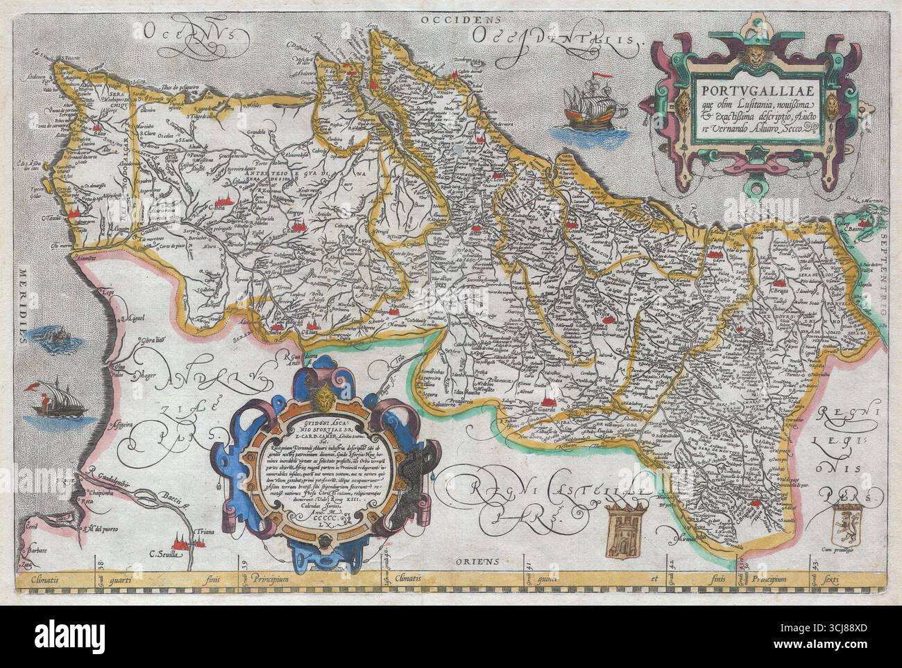 Mappa storica del Portogallo intitolata Portvgalliae que olim Lusitania di Abraham Ortelius, basata su Vernandus Alvarus secco. 1579. Foto Stock