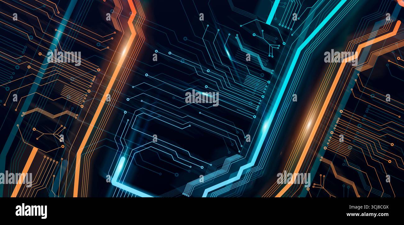 Futuristico sfondo tecnologico con linee di microcircuito in blu e. Colore giallo Foto Stock