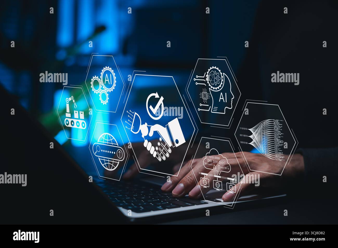 Concetto di collaborazione umana e ai. Persona che utilizza notebook con icone futuristiche che rappresentano intelligenza artificiale, automazione, integrazione dei dati Foto Stock