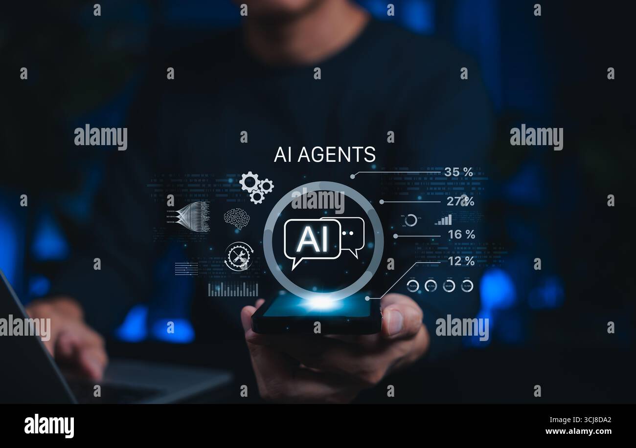 Concetto di tecnologia per agenti AI e analisi dei dati. La persona possiede uno smartphone con icone ai e analisi dei dati che rappresentano un chatbot di intelligenza artificiale Foto Stock